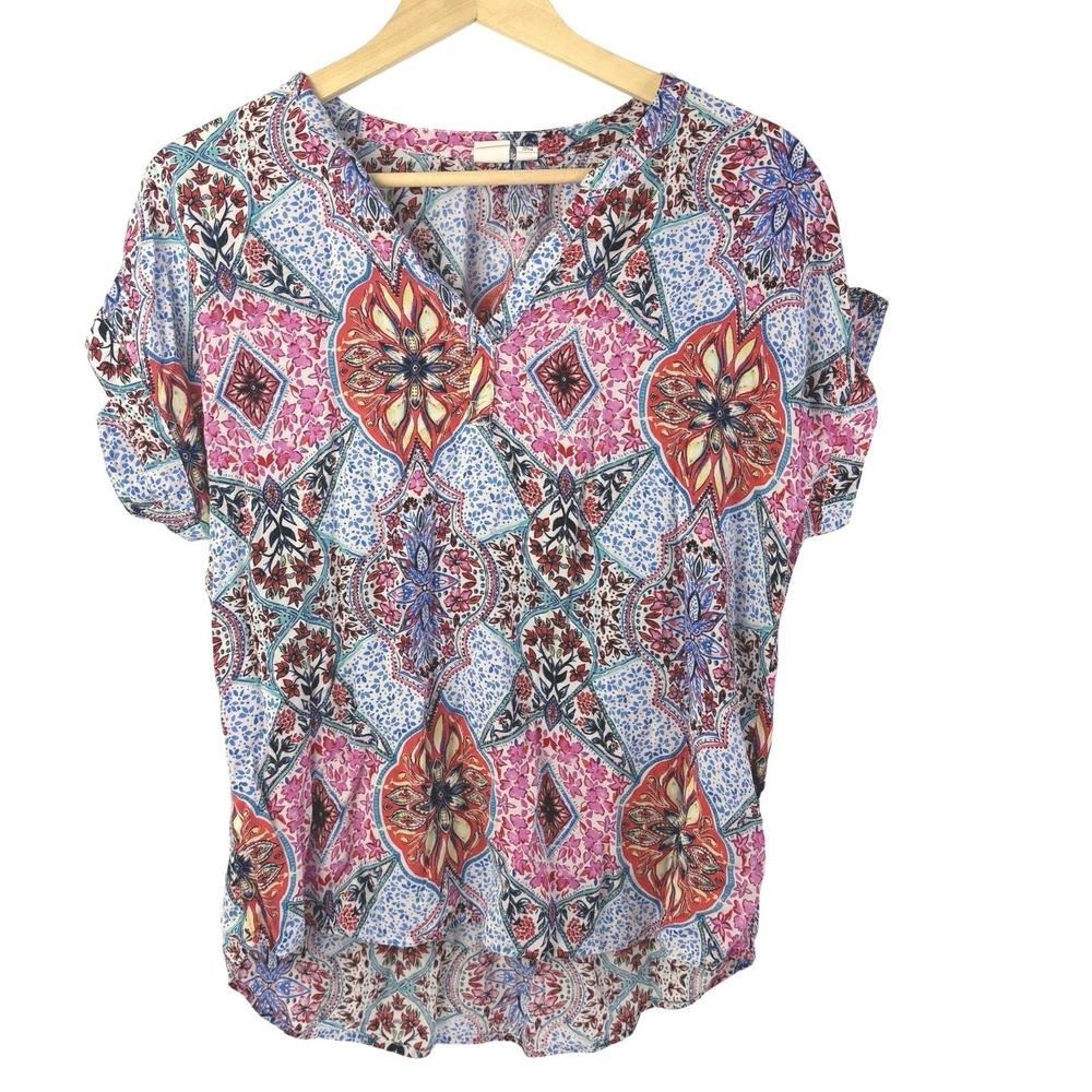 Gap Womens Medium Boho Paisley Floral Blouse Pink Blue Peasant Top